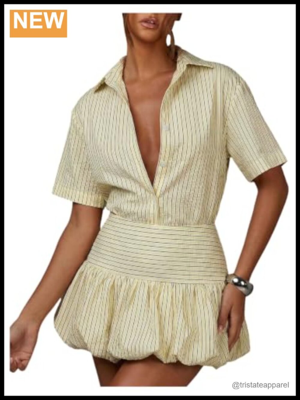 Women's 2 Piece Striped Skirt Set Short Sleeve Bubble Skirt Summer Outfit